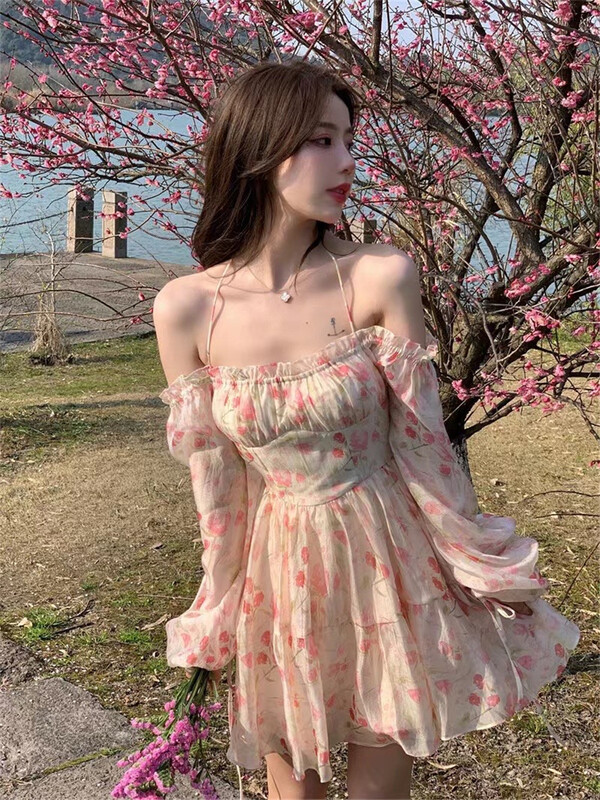 [tangtangtangjia] pure desire wind hanging neck broken Flower Chiffon Dress 2961# PCZ