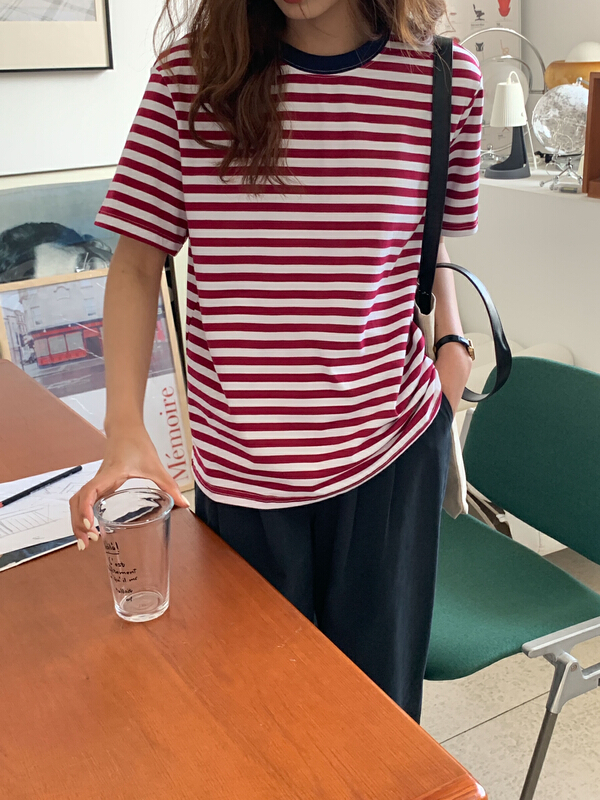 New year in early spring! [Tn] striped Korean versatile round neck contrast short sleeve T-shirt t3006# cqw