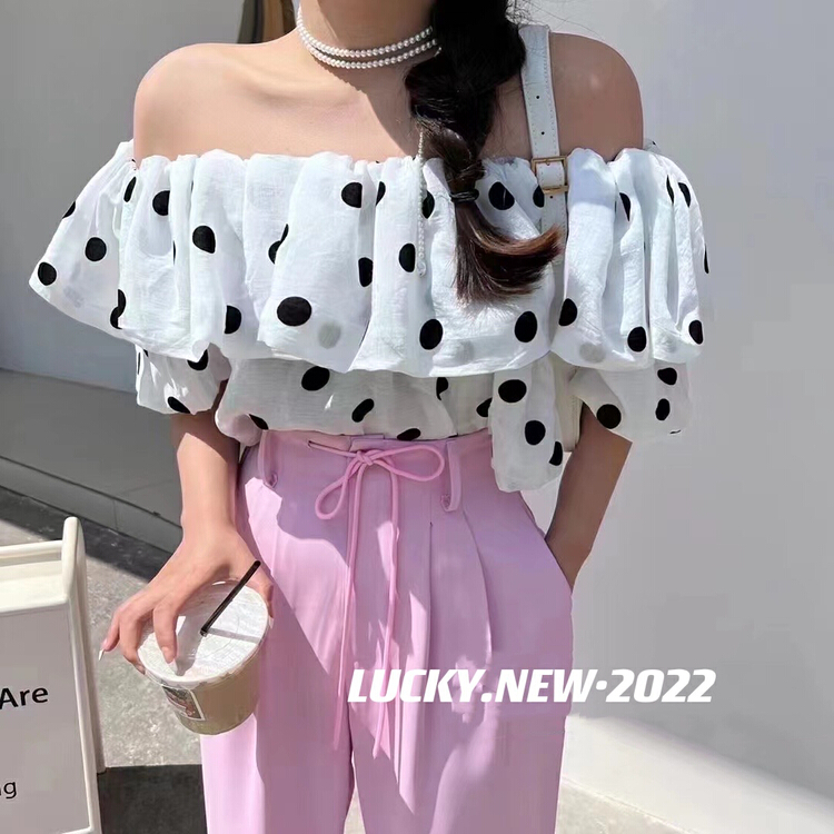 [lucky] ruffled shoulder wave Dot Chiffon shirt 8764# zxx