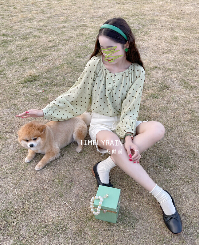 New year in early spring! [timely rain] Han Feng ins retro sweet design contrast color wave point loose and versatile shirt 21572# jhy