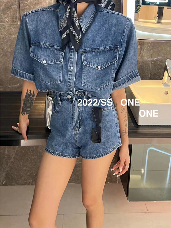 goods in stock! New in early summer! [one] Korean style button up versatile denim jacket + high waist washed Shorts Set 22021# ozq