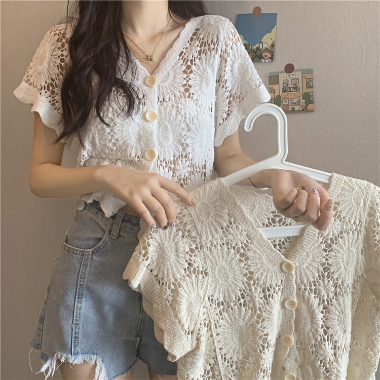 New in early summer! [f · P] Korean V-neck foreign style hollow out versatile sweater 19996# HBx