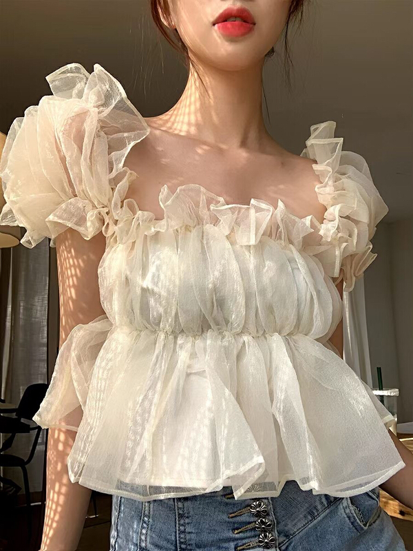 New in early summer! [RM. HH] mesh Chiffon bubble sleeve one shoulder sexy blouse 272# ozq