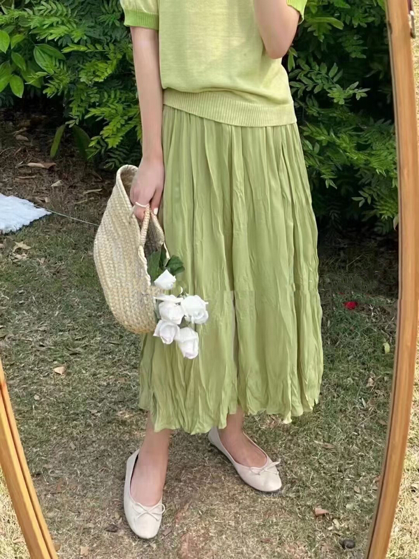[Ming] pleated fairy high waist medium length versatile skirt 2082# LSW