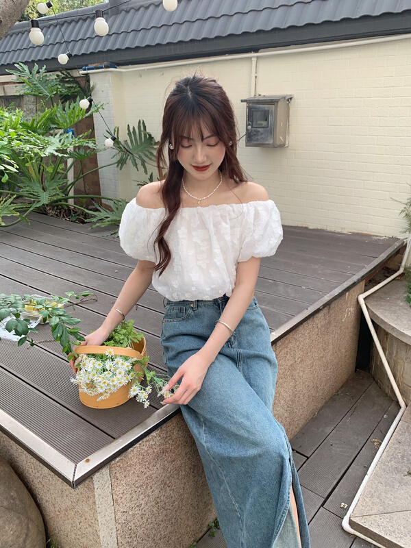 現貨!初夏上新!【AS】提花一字肩泡泡小衫  2172#  HJY
