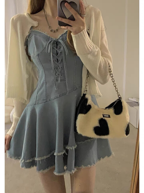 In early summer! [L.L studio] Korean version simple knitted cardigan + suspender cake dress set 7442\pcz