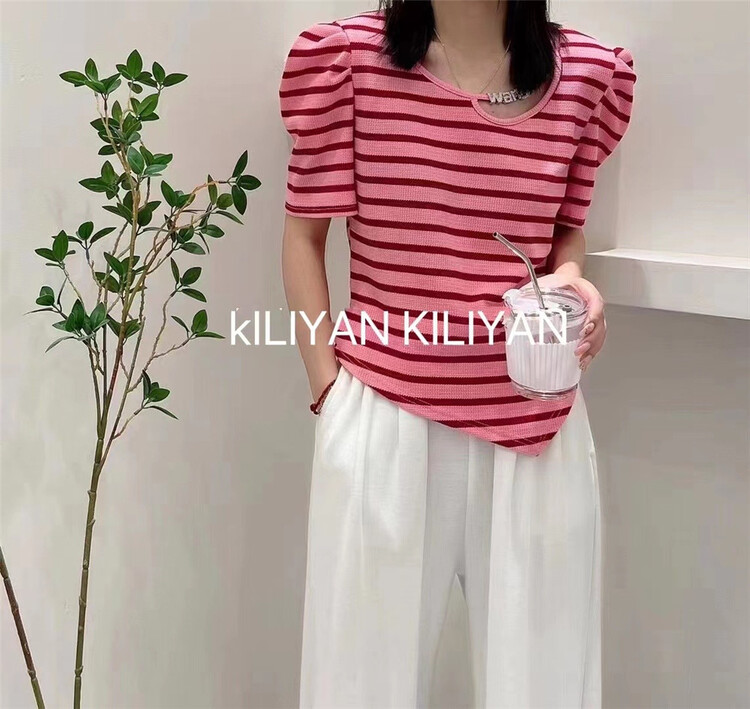 [Kili] striped loose foam sleeve short sleeve T-shirt 2806# XYJ