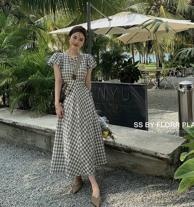 goods in stock! New in early summer! [smile baby] French Vintage round neck drawstring lace up open waist dress b2813# WPL