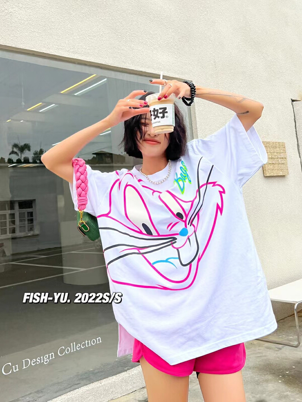 New in early summer! [fish Yu] Korean cartoon Bugs Bunny printed loose short sleeve T-shirt 22152# LSL