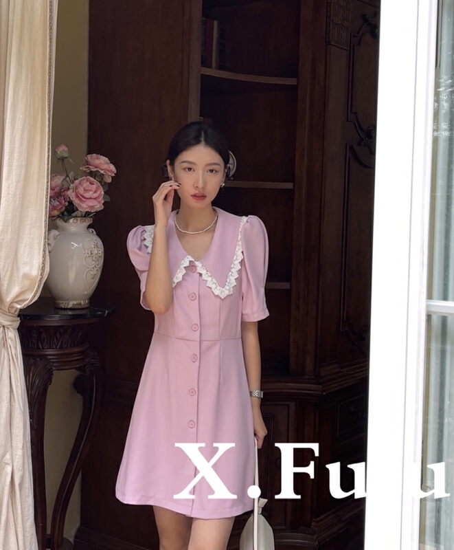 New in early summer! [x.future] French sweet Western dressing stitched lace doll neck dress j8058# zxx