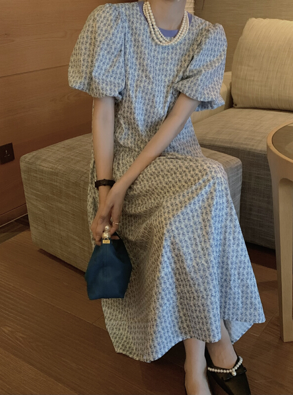 [finoa] Korean casual round neck regular floral bubble sleeve dress 10365# CLS