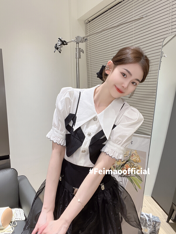 New in early summer! [Feimao (Yimao)] niche bubble sleeve Bow Tie Shirt ym-7536# LSL