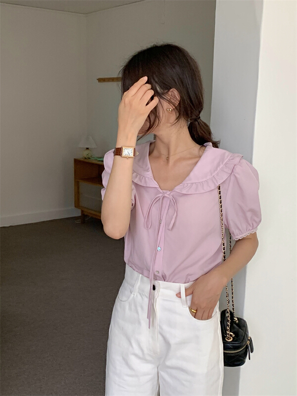 New in early summer! [about me] premium Tencel doll neck loose shirt 213012# cqw
