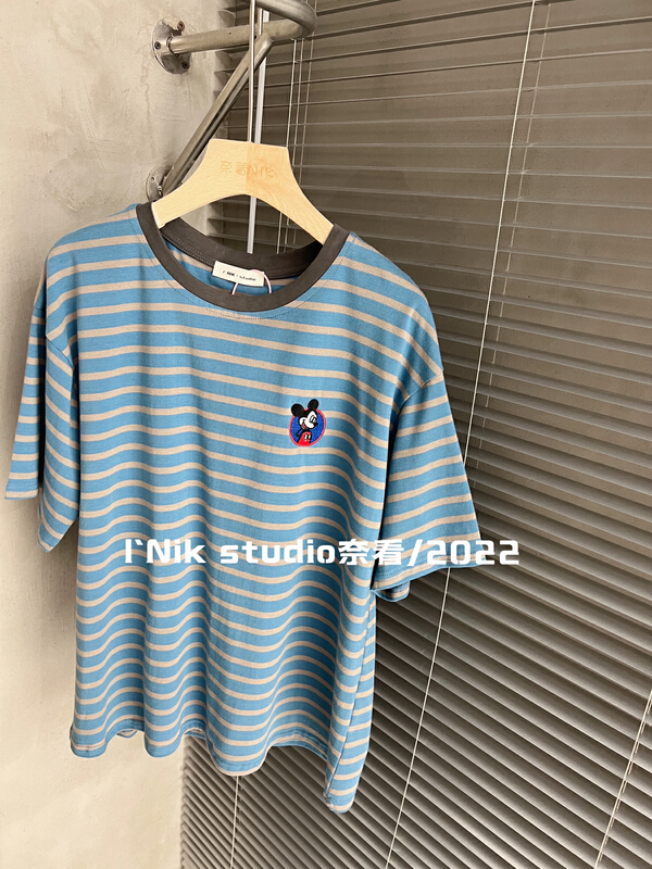 [Naikan Nik] Korean stripe contrast loose cartoon embroidered short sleeve T-shirt 9639# lwy