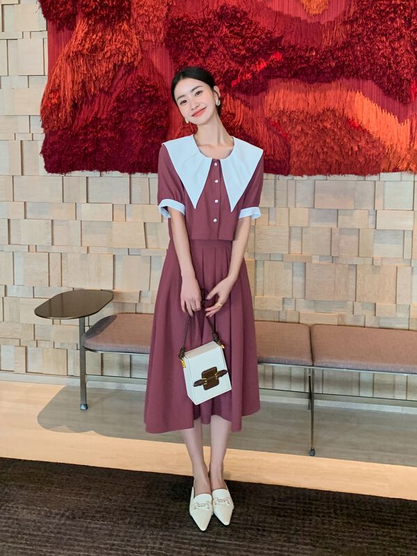 goods in stock! New in early summer! [Hanna inclusive] design sense contrast color fashion shirt + high waist solid color skirt set m8165# XJ