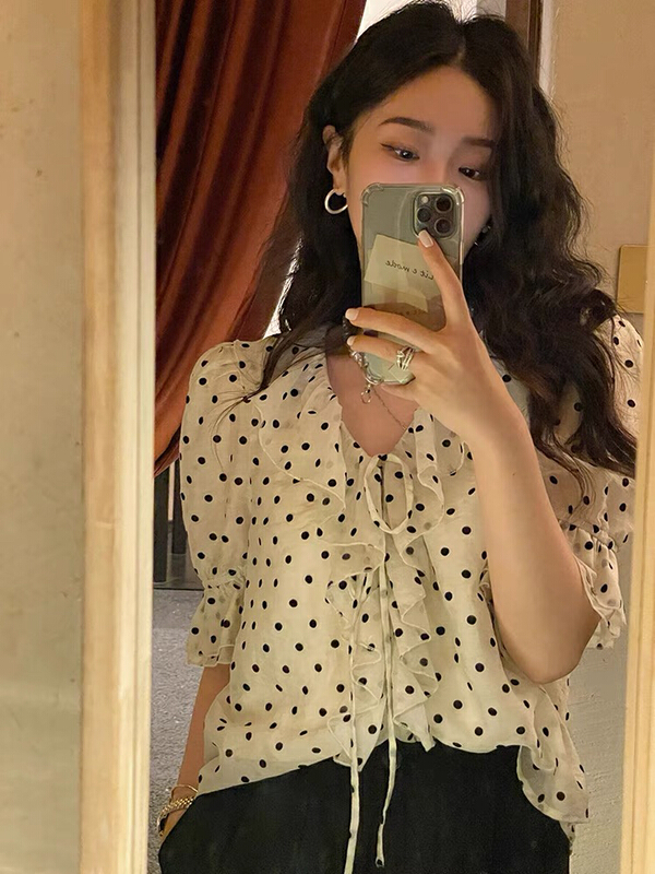 [savage] French Vintage ruffled V-neck Polka Dot blouse e8190# WPL