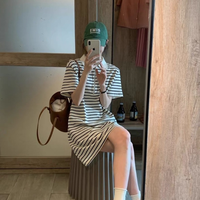 [YG] Striped Polo straight neck dress 8563# lwy
