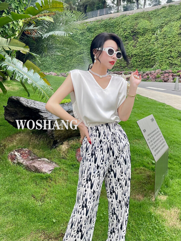 [woshang] 2022 silk women's summer T-shirt loose V-neck Mulberry Silk Satin Vest / sling (95% silk) 1259# XYJ