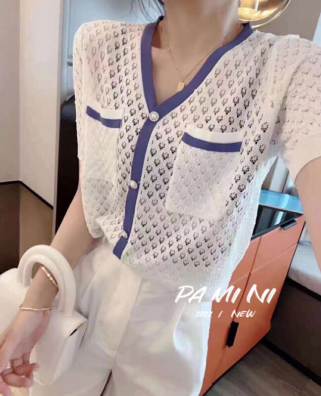 [pamini] Korean color contrast ice silk short sleeved sweater 705# Cl