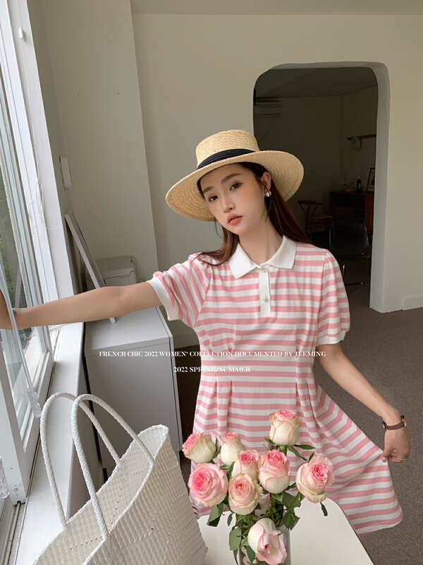 [teem ing] Striped Polo pearl button dress 22t169# hjy