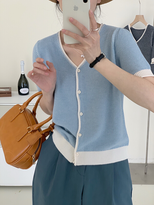 In early summer! [the nice] Han Shu contrast color V-neck single breasted knitted cardigan 00251\hjy