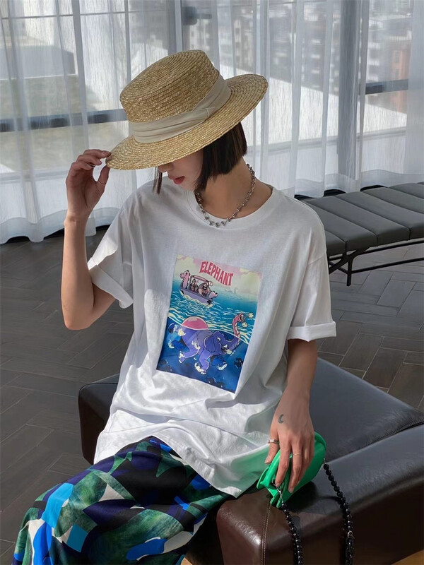 [black + white] Korean loose medium length printed short sleeved T-shirt 2s02820u# lwy