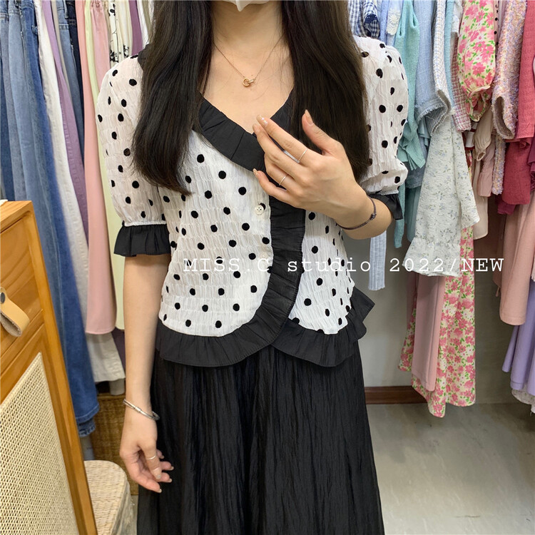New in early summer! [miss. C studio] Korean Ruffle border wave dot T-shirt 846# zxx