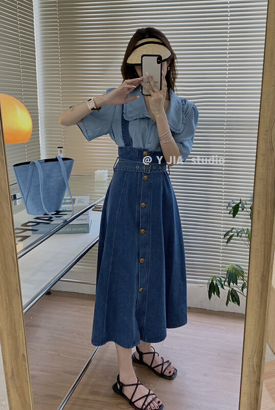 [y.jia Yijia] simple and gentle short sleeved shirt + design denim strap Skirt Set (with belt) ys1-6782# PCZ