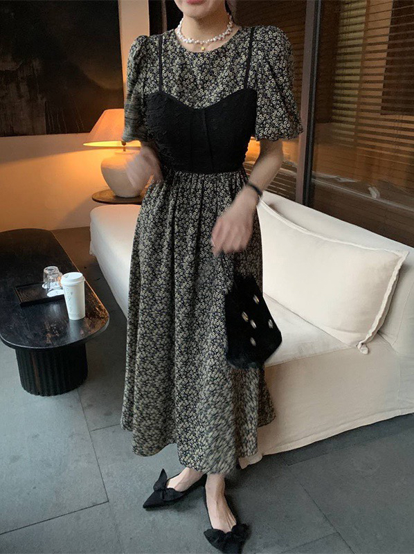 New in early summer! [wgwe] fake two piece color matching round neck floral dress 1381# PCZ