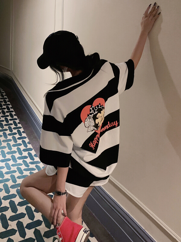 [y.jia Yijia] Korean striped back printed short sleeve T-shirt + elastic waist casual Shorts Set 5666# PCZ