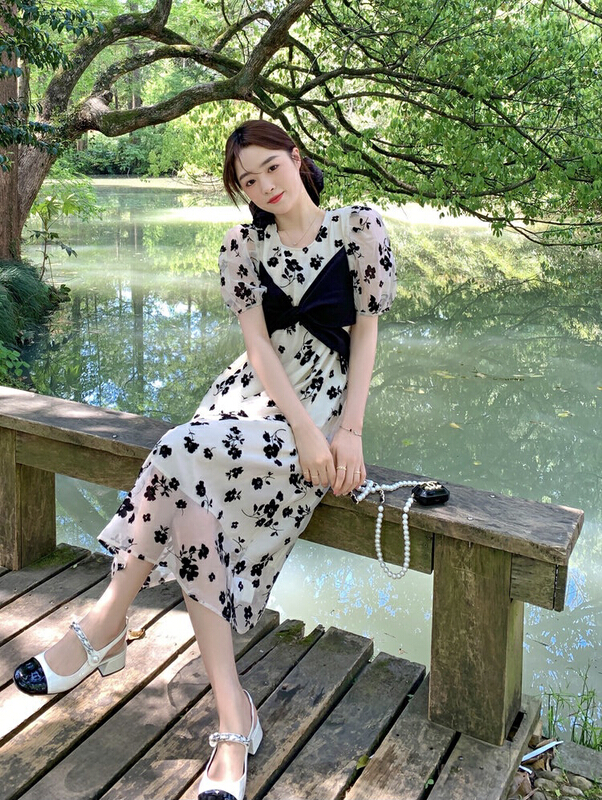[smile baby] Vintage crew neck contrast tie bow dress b301# WPL