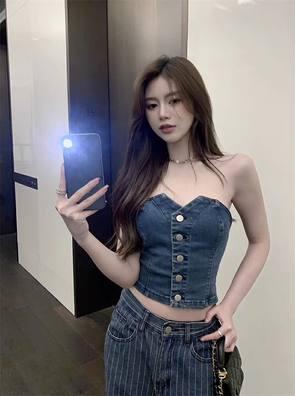 [dl. Am] Vintage denim bra irregular design slim vest / sling (excluding necklace) 80163# WPL