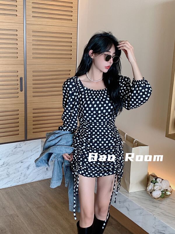 New year in early spring! [fan fan] Korean hot girl drawstring Polka Dot Dress (only dresses) 1003# JJ