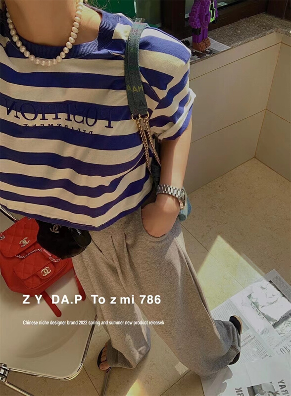 [ZY] stripe letter round neck short sleeve T-shirt ys1-766# PCZ