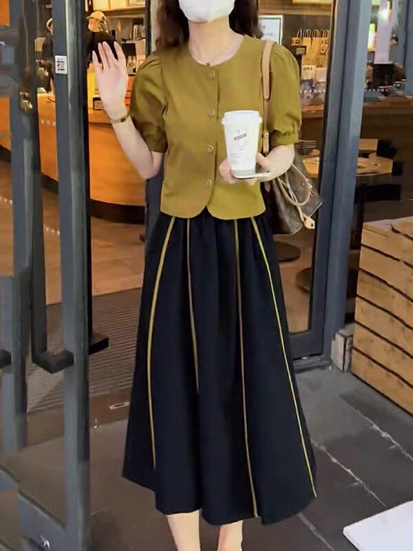 [jun.t] crew neck solid shirt + contrast skirt two piece suit 5988# PCZ