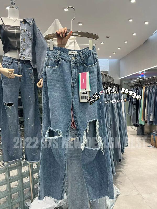 [thgz fairy tale princess] designed wide jeans 1693# JJ with a broken waist and a hole outside