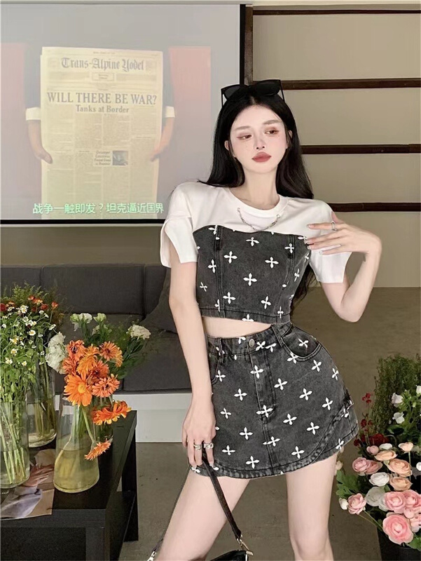 [six] short stitched cross print short sleeve + high waist hip wrapped denim skirt suit 6258# PCZ
