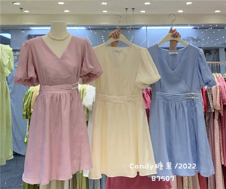 [candy] Korean slim V-neck bubble sleeve dress 7507# zjy