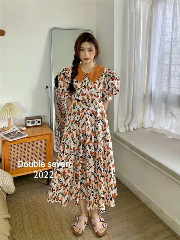 [double seven] Korean doll collar floral bubble sleeve dress 28692# zxx