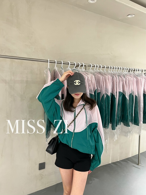 [miss Zi] hooded zipper color blocking sunscreen shirt 2376# cqw