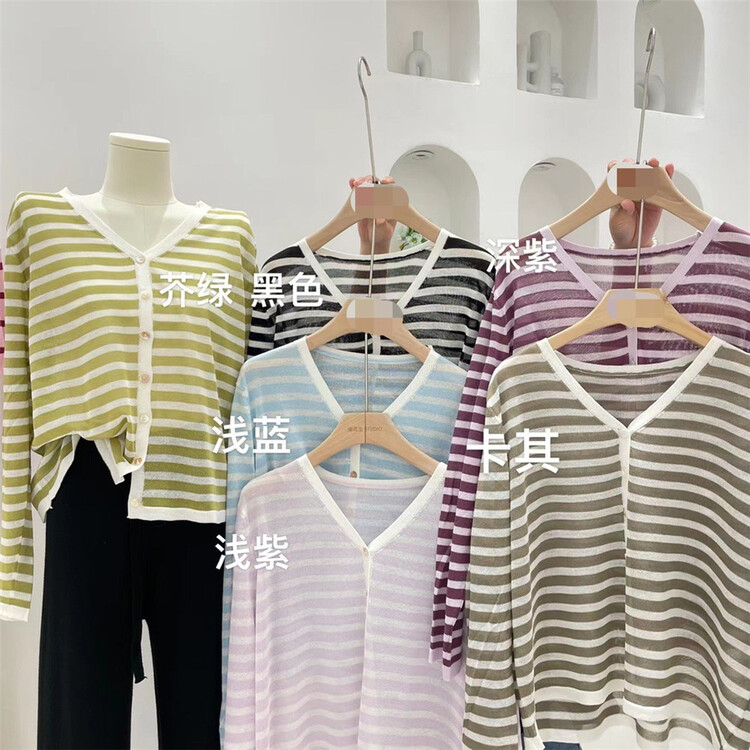[h-xl] V-neck single breasted striped knitted cardigan m3030# ll