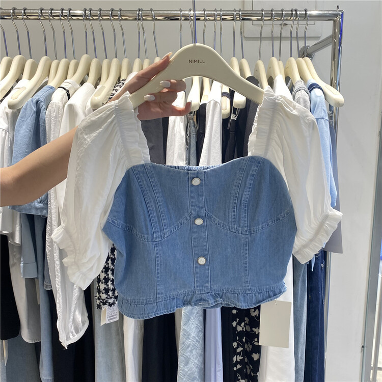 [naimier] square neck stitching design Vintage small shirt 2517# LSW