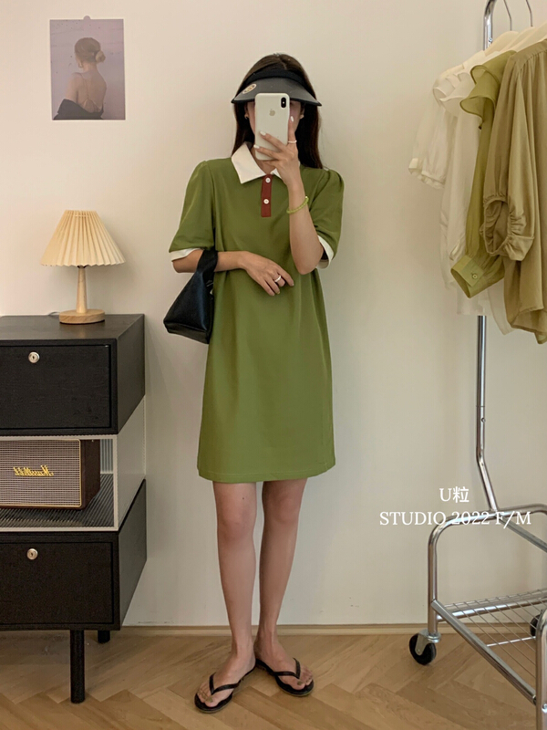 [U grain] small fresh color contrast polo collar dress 5660# HBx
