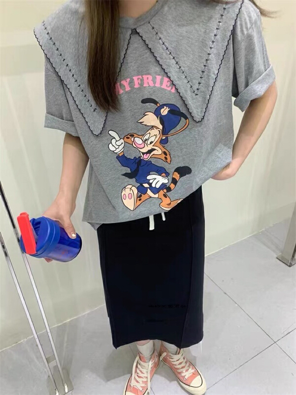New in early summer! [blue show] Korean Navy collar cartoon printed loose short sleeve T-shirt 8157# LSW