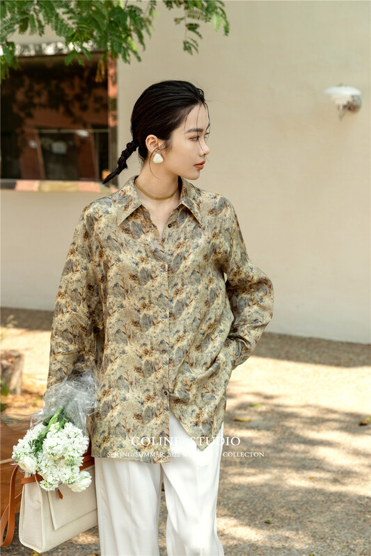 初夏上新!【COLINE】復古時尚單排扣印花襯衫  C20084#  HYY