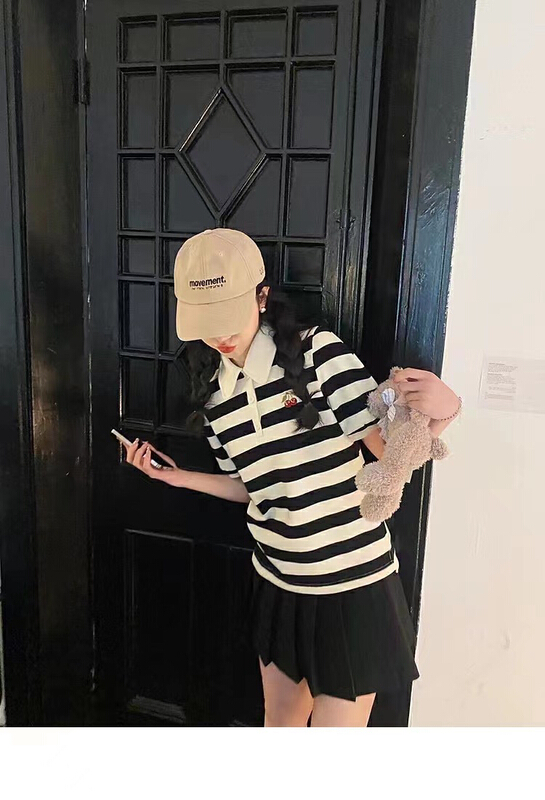 New in early summer! [mi ni] girl cherry stripe short sleeve T-shirt + fashionable high waist thin pleated skirt set 2729# PCZ