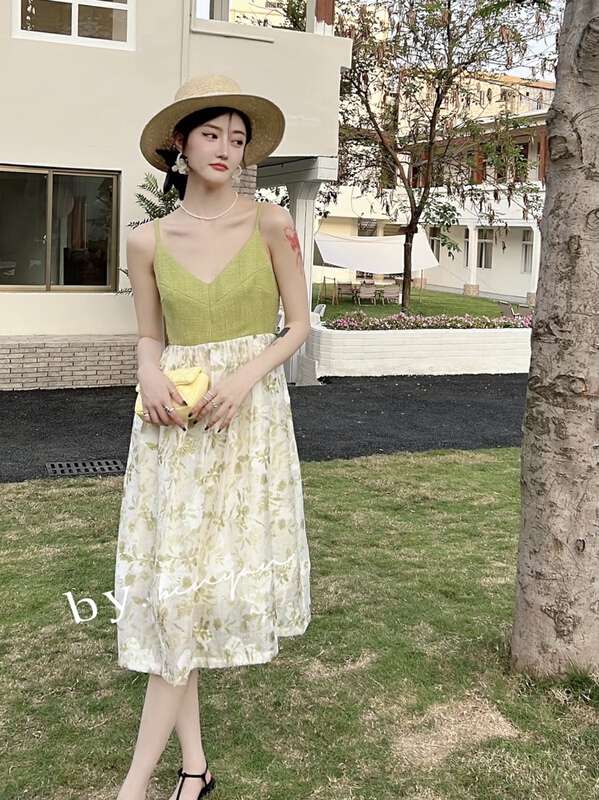 [benyan] contrast color stitching print suspender back bow dress 6112# zxx