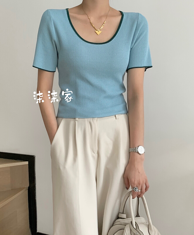 [Qiqi clothing house] close fitting anti light U-neck ice silk design sense of minority short sleeve tight pure desire sweater 232# XYY