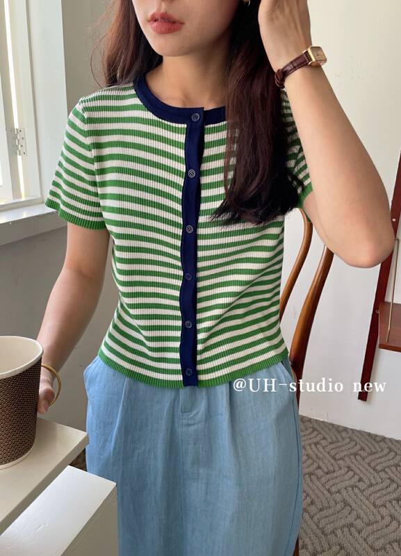 New in early summer! [uh] ice silk contrast stripe button short sleeve sweater 7775# hjy