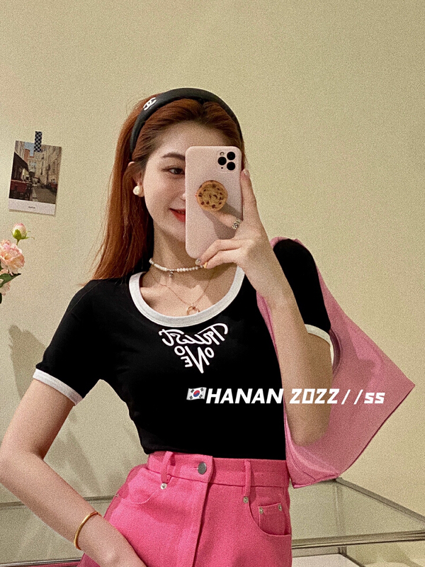 New in early summer! [Hanan] Korean version, versatile, slim and small version, contrast color short sleeve T-shirt 6090# LSL